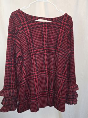 Philosophy Red and Black Houndstooth Ruffle-Sleeve Blouse